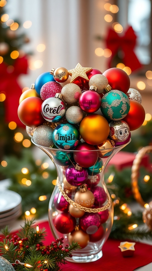 Festive Christmas Ornaments in a Glass Vase A glass vase filled with assorted Christmas ornaments, set on a festive table with holiday decorations.